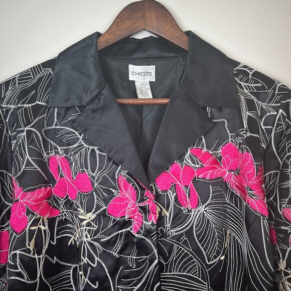 Chicos 2 Blazer Jacket Womens Large Embroidered Floral Silk Cotton Button Up L - Picture 3 of 10